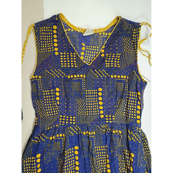 Mata Traders Blue Yellow Geometric Print Tassel Tie Summer Dress Anthropologie - Picture 3 of 5